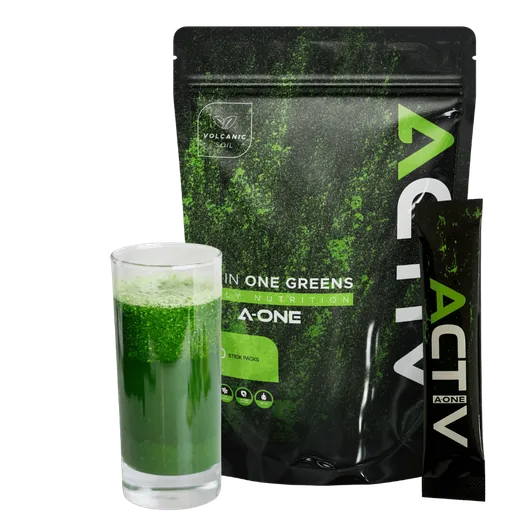 activ-greens-528x528 Activ Greens all in one supplement—bag, stick pack, and glass on white background