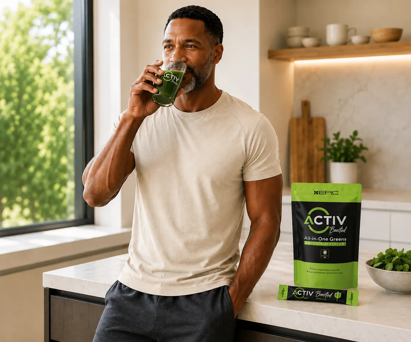 Man enjoying ACTIV Greens as part of his daily wellness routine.